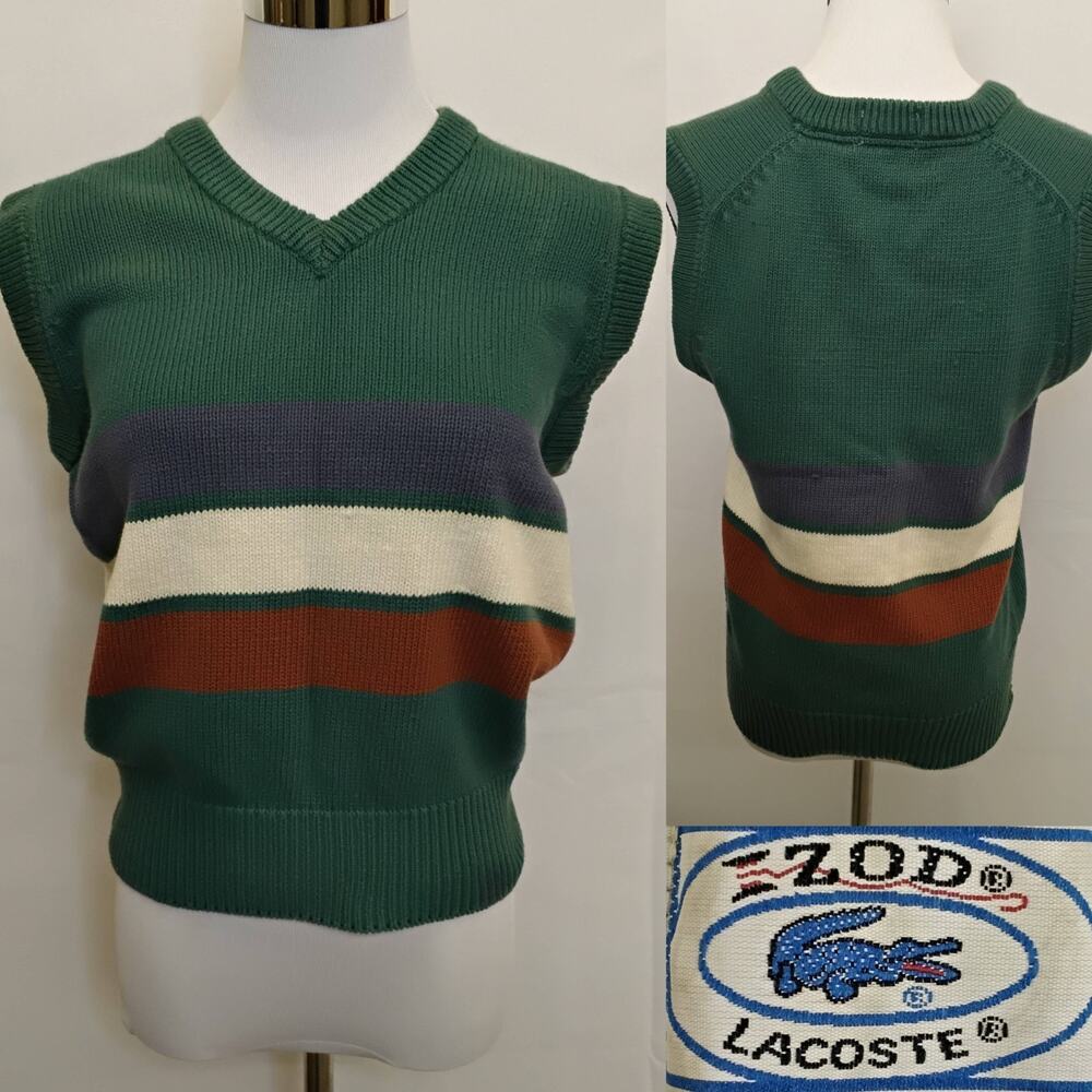 Izod Lacoste Sweater Vest Women's S Green Striped 100% Cotton VTG 80's #J5520